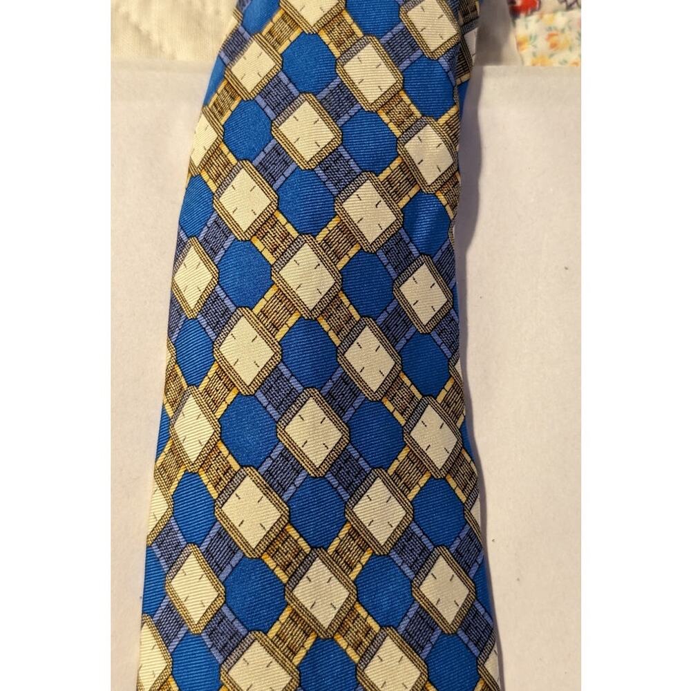 Piaget Silk Vintage 100% Silk Blue Gold Geometric Design Neck Tie - Picture 6 of 16